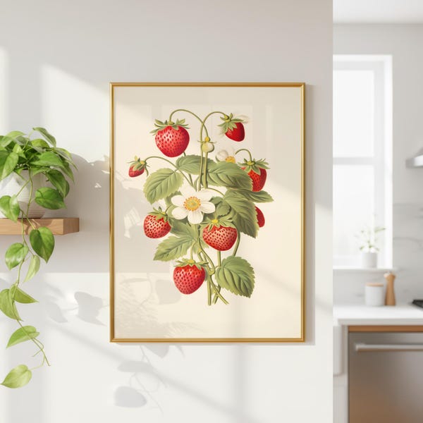 Botanical Strawberry Print: Retro Fruit Wall Art, Floral Wild Strawberries Art, Red Berry Decor