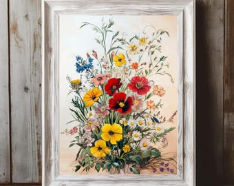 Retro Wildflower Art Print, Vintage Style Floral Poster, Vintage Botanical Cottagecore Decor