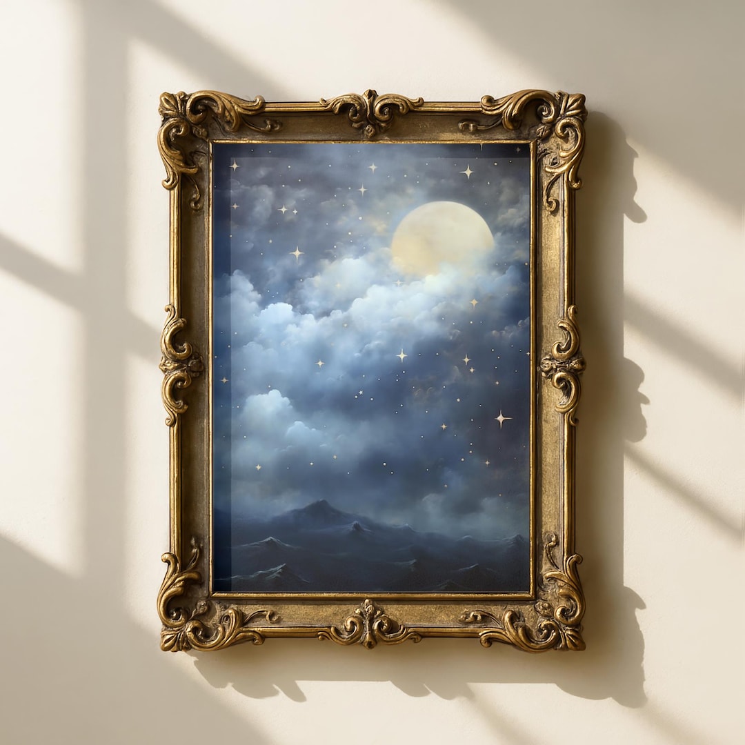 Misty Night Sky Print: Cloudy Moon and Stars Wall Art, Moody Celestial ...