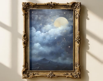 Misty Night Sky Print: Cloudy Moon and Stars Wall Art, Moody Celestial Mountain Poster