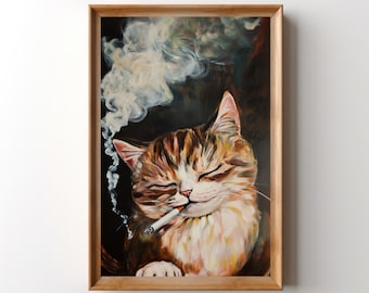 Smoking Cat Print: Cigarette Smoke Wall Art, Stoner Cat Poster, Unique Home  Bar Decor
