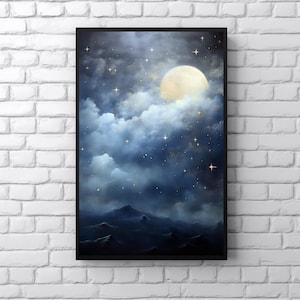 Impresión artística de pintura de noche melancólica, luna brumosa y estrellas, arte de pared, cielo estrellado, póster celestial, decoración de academia oscura, galaxia gótica, noche de brujas