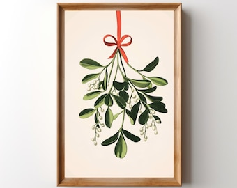 Retro Mistletoe Print: Winter Holiday Wall Art, Botanical Christmas Home Decor