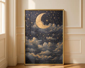 Night Sky Print: Vintage Celestial Moon Wall Art, Dark Academia Star and Moon Poster