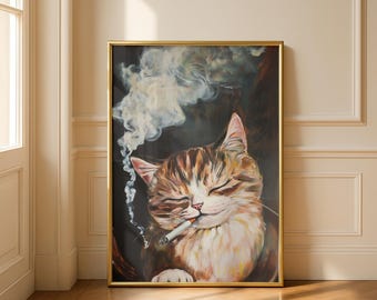 Smoking Cat Print: Cigarette Smoke Wall Art, Stoner Cat Poster, Unique Home  Bar Decor
