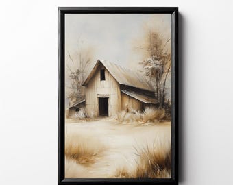 May include: A framed wall art print featuring a sepia-toned landscape painting of a rustic wooden barn surrounded by tall, dry grasses and bare trees under a soft, overcast sky. The artwork is enclosed in a simple black rectangular frame.