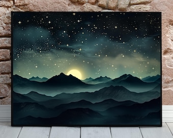 May include: A rectangular wall art print in a black frame featuring a dark landscape of layered mountain silhouettes under a night sky. A bright yellow moon glows behind the peaks, surrounded by a field of scattered white stars and dark clouds.