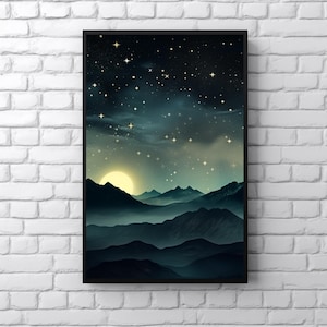 Impresión artística de cielo nocturno de montaña, arte de pared con luna creciente, póster de cielo nocturno estrellado celestial, obra de arte de luna y estrellas, decoración melancólica, academia oscura, brujería