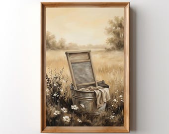May include: A framed wall art print depicting a metal washboard resting inside a galvanized metal bucket filled with fabric. The scene is set in a field of tall grass and small white flowers under a soft, warm-toned, hazy sky.