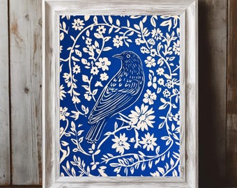 Blue Bird Folk Art Print: Scandi Block Style Wall Art
