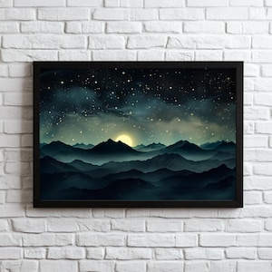 Impresión de luna de montaña, arte de pared de cielo nocturno estrellado, impresión celestial de montaña brumosa, póster de galaxia melancólica de decoración de Dark Academia, luna y estrellas retro