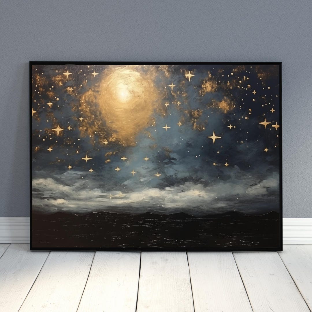 Starry Night Sky Print: Moody Moon Over Dark Water Wall Art, Celestial ...