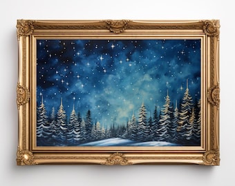 Snowy Forest Print: Winter Pine Tree Wall Art, Celestial Christmas Night Sky Holiday Decor