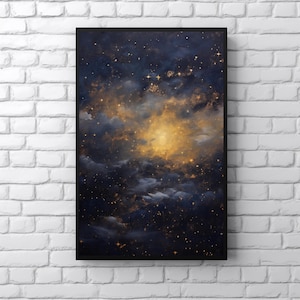 Impresión artística de pintura al óleo de cielo nocturno celestial, arte de pared de cielo nocturno estrellado, póster celestial, obra de arte de luna dorada, decoración melancólica, academia oscura de brujas