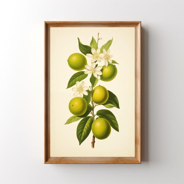 Retro Limes Print: Floral Fruit Tree Wall Art, Botanical Kitchen Decor, Cabin Artwork