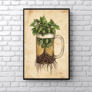 Roots of Beer Art Print, Rustic Beer History Wall Art Brewery Artwork Vintage Hops Tree Poster Home Brewer Gift Craft Beer Poster Dorm Decor