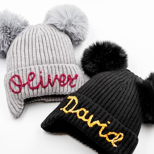 Personalized Hand Embroidered Kids Hat – Custom Winter Beanie, Double Pom Pom Baby Hat, Name Knit Hat, Christmas Gift for Kids
