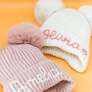 Personalized Hand Embroidered Kids Hat – Custom Winter Beanie, Double Pom Pom Baby Hat, Name Knit Hat, Christmas Gift for Kids