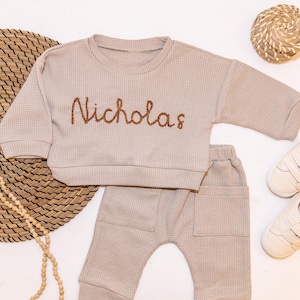 Personalized Baby Sweater Set – Custom Embroidered Name Outfit, Unique Newborn Gift, Handmade Infant Clothing, Baby Shower Present