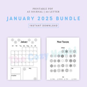 Paquete de calendario y rastreador de estado de ánimo de enero de 2025: calendario imprimible, rastreador de estado de ánimo imprimible, página de diario imprimible, diario A5, Bullet Journal
