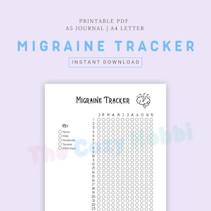 May include: Printable migraine tracker with a black and white brain icon. The tracker is a grid with the months of the year across the top and numbers 1-23 down the side. There are circles for each day of the month to mark the severity of migraines: none, mild, moderate, severe, and PRN medication.