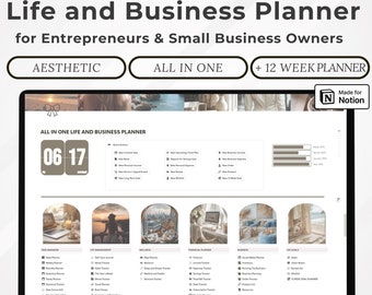 May include: A laptop computer screen displaying a Notion template for a life and business planner. The template is designed for entrepreneurs and small business owners and includes sections for quick actions, task management, life management, wellness, finances, business, and life goals. The template is aesthetically pleasing and includes a 12-week planner.