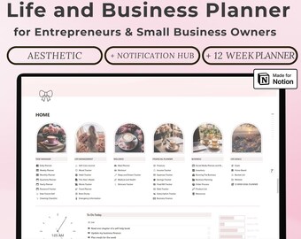 May include: A laptop computer screen displaying a Notion template for a life and business planner. The template is designed for entrepreneurs and small business owners and includes sections for task management, life management, wellness, financial planning, business, and life goals. The template also includes a 12-week goal planner.