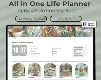 May include: A laptop displays a digital planner interface. The screen shows the text "All in One Life Planner" and "My Planner." The interface includes sections for task management, life management, financial planning, wellness, and life goals. The design is aesthetic.