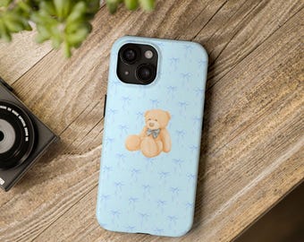 Blue Ribbon Teddy Bear Case, Cute Phone Cases, Adorable Coquette Bear, Tough Case, Unique Gift, Stylish, Feminine, Phone Case for Girl