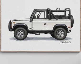 Illustrazione del Land Rover Defender 90 del 1995, arte di auto d'epoca (download digitale)