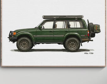 Poster classico 4x4 stampabile con illustrazione verde del SUV Toyota Land Cruiser FJ80 degli anni '90