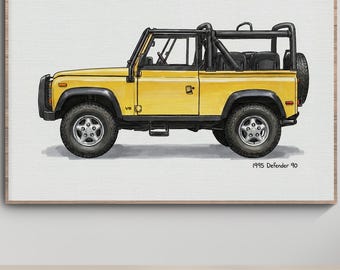 Illustrazione di una Land Rover Defender 90 del 1995, gialla, arte di auto d'epoca (download digitale)