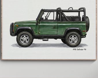 Illustrazione del Land Rover Defender 90 del 1995, verde, arte di auto d'epoca (download digitale)