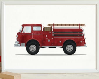Illustrazione ad acquerello di un camion dei pompieri vintage, decorazione per la cameretta dei bambini (download digitale)