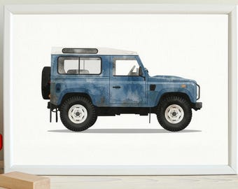 Stampa ad acquerello di Land Rover Defender 90, SUV vintage (download digitale)