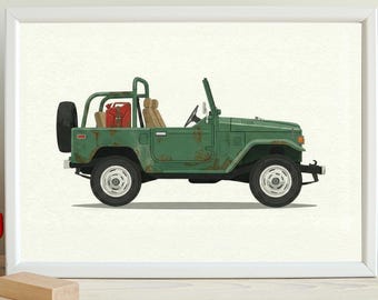Stampa ad acquerello di una Toyota FJ40, illustrazione vintage di un fuoristrada 4x4 (download digitale)