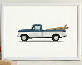 Stampa artistica vintage di un camion Ford degli anni '60 raffigurante un surfista (download digitale)