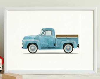 Illustrazione ad acquerello di un pick-up Ford degli anni '50, ideale per la cameretta dei bambini (download digitale).