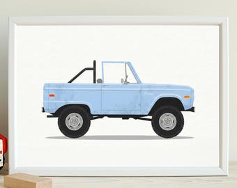Stampa ad acquerello di una Ford Bronco, classica immagine di un camioncino blu (download digitale)