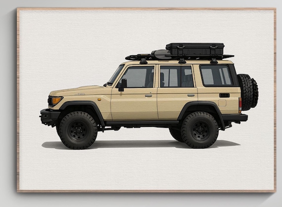 TOYOTA LAND CRUISER 70周年記念ポスター 額縁付き Toyota Land Cruiser 70 Series Overlanding Art | Desert Sand 4x4