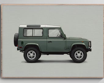 Illustrazione ad acquerello Land Rover Defender 90 del 1995 / Arte murale automobilistica minimalista