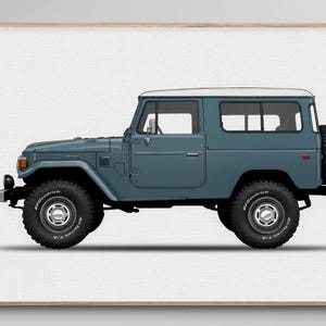 Ilustración digital del clásico Toyota FJ40 Land Cruiser: azul marino y gris: obra de arte imprimible
