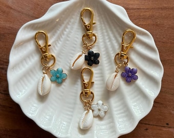 Seashell and Enamel Flower Bag Charm - Coastal Keyring, Summer Purse Accessory, Beachy Gift, Choose Your Color: Blue, Black, White, Purple