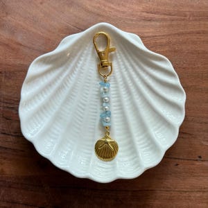 Gold Seashell Keychain: Aquamarine & Pearl Beach Bag Charm