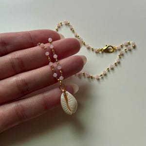 Pink Beaded Cowrie Shell Necklace - 16 Inch Delicate Beach Necklace, Boho Summer Jewelry, Minimalist Coastal Gift for Her