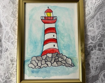 "Gerahmter Leuchtturm Aquarell ""Küsten-Maritime Malerei""."