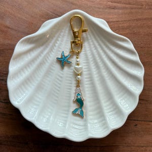 Mermaid & Starfish Keychain: Teal Enamel Charms, Faux Pearl Accent