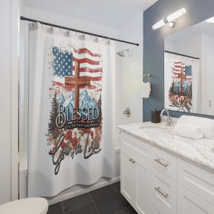 BLESSED IS The NATION:  100% Polyester Patriotic Christian Shower Curtain