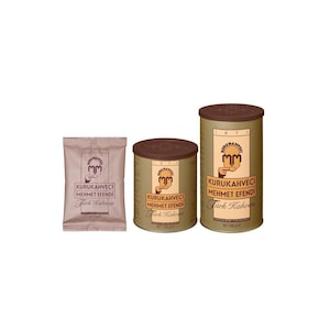 May include: Three containers of Kurukahveci Mehmet Efendi Turkish coffee. The containers are a small packet, a small tin, and a larger tin. The tins are brown and olive green with the brand name and logo. The packet is light brown.