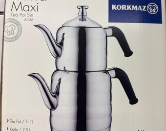 Korkmaz Turkish Teapot – Professional Stainless Steel Double Tea Maker Set – 1.1L/2.0L